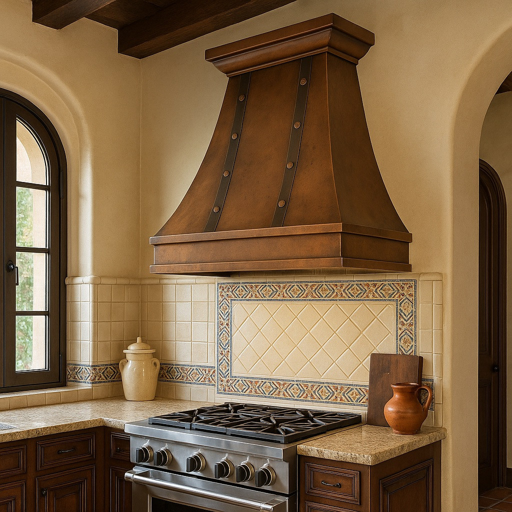 Spanish Colonial style kitchen featuring a 36-inch hammered copper range hood above the cooktop with warm wood cabinetry and stone backsplash