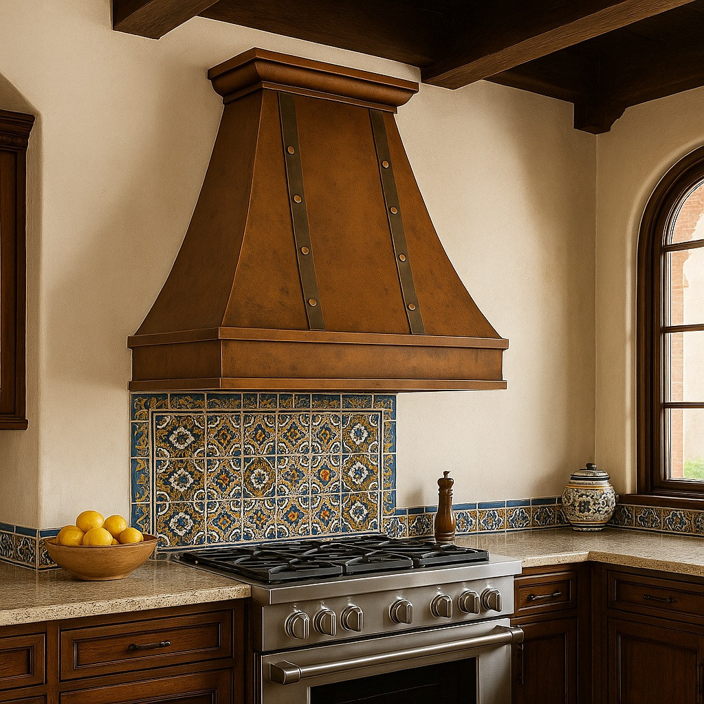 36-inch copper range hood: Spanish Revival style kitchen with hammered copper hood above the range, carved wood cabinetry and decorative tile backsplash