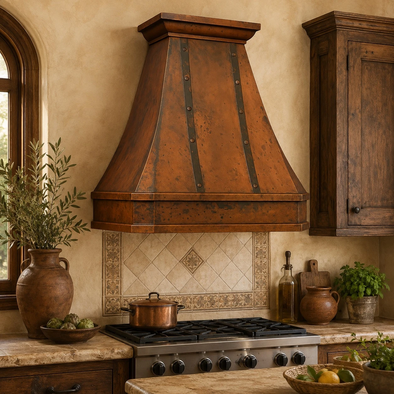 36-inch copper range hood in a Tuscan kitchen with stone walls and rich cabinetry