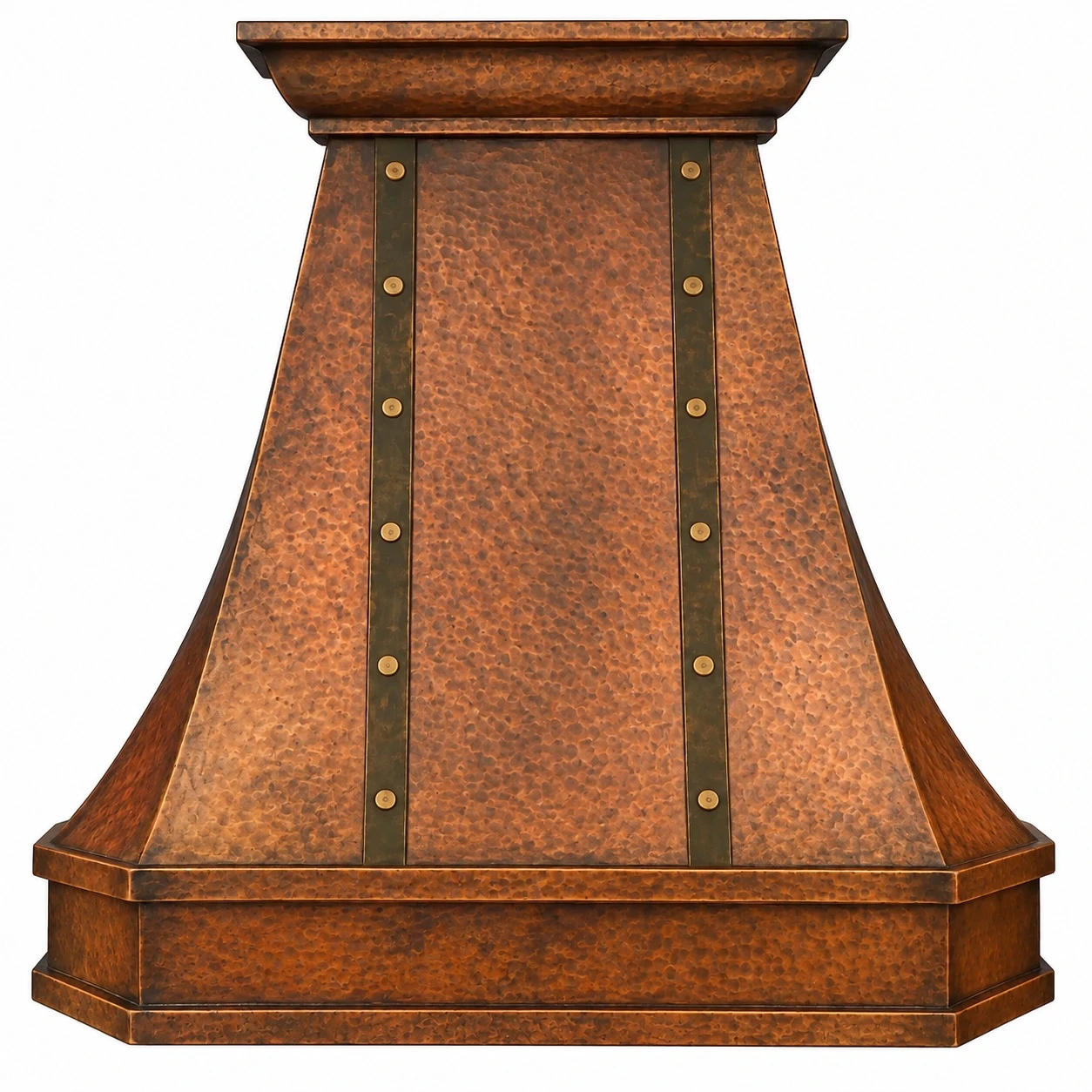 36-inch bell copper range hood with tapered front, riveted straps, and Natural Fired patina