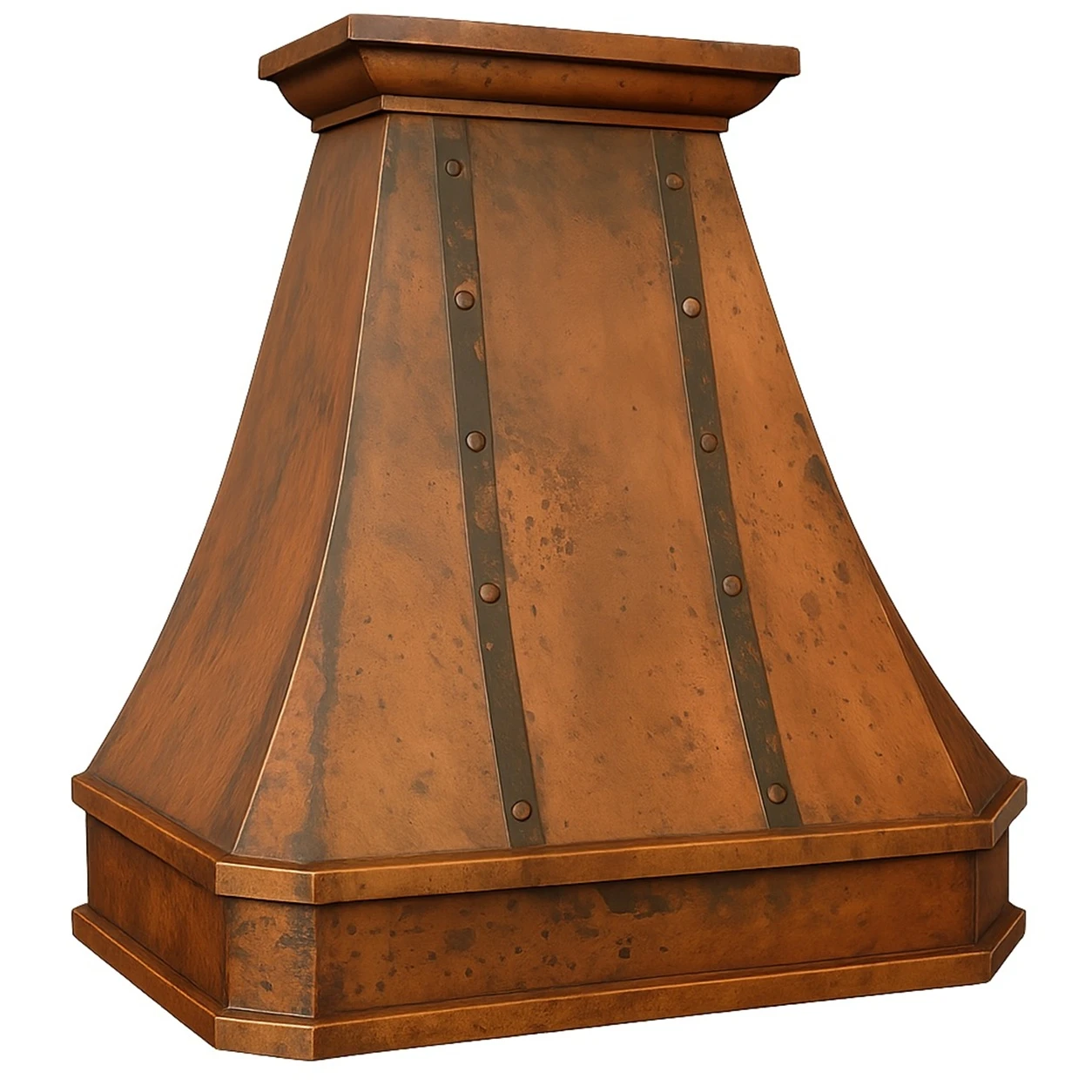 Angled view of 36-inch bell copper range hood with tapered front and riveted straps