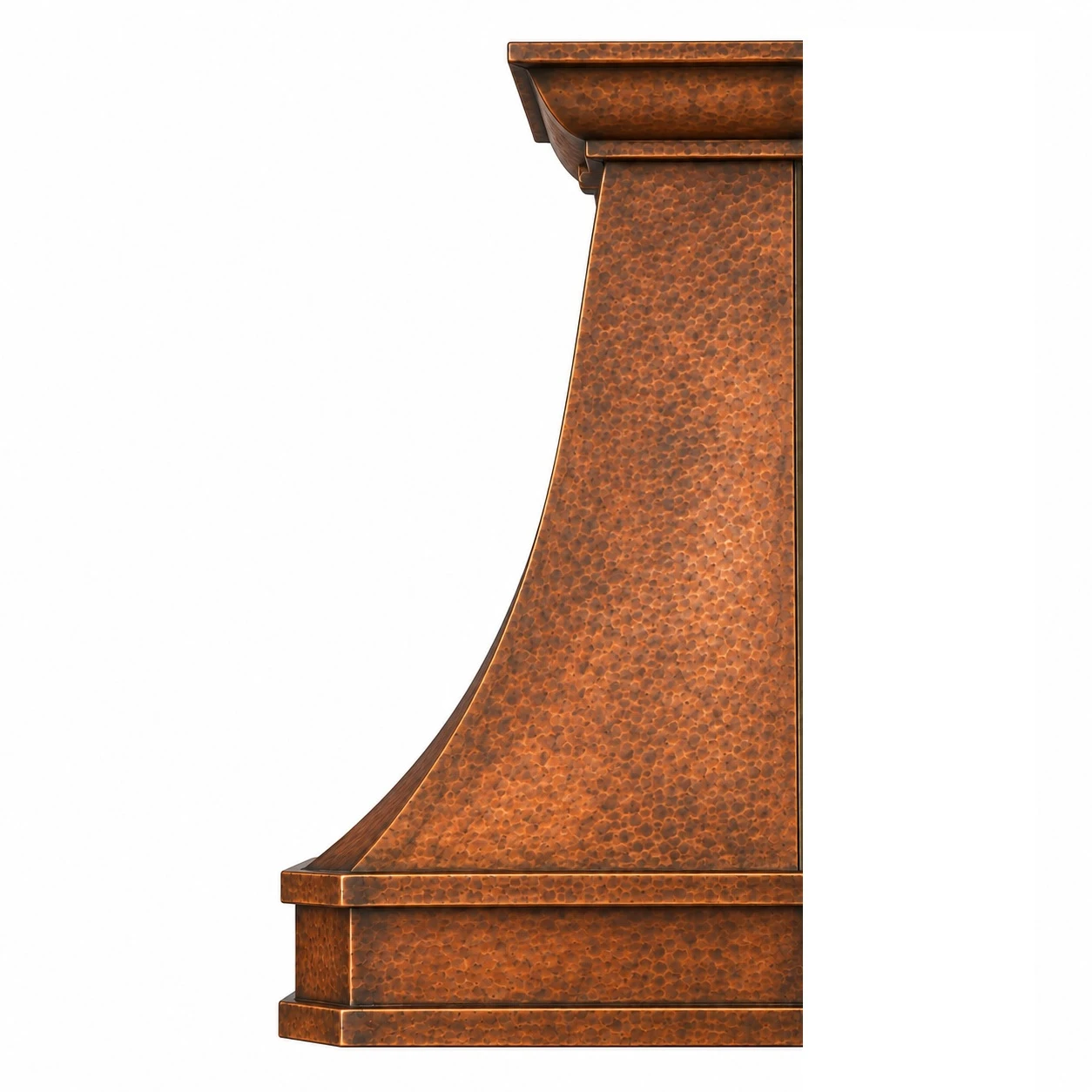 Side view of 36-inch bell copper range hood showing tapered body and lower flare