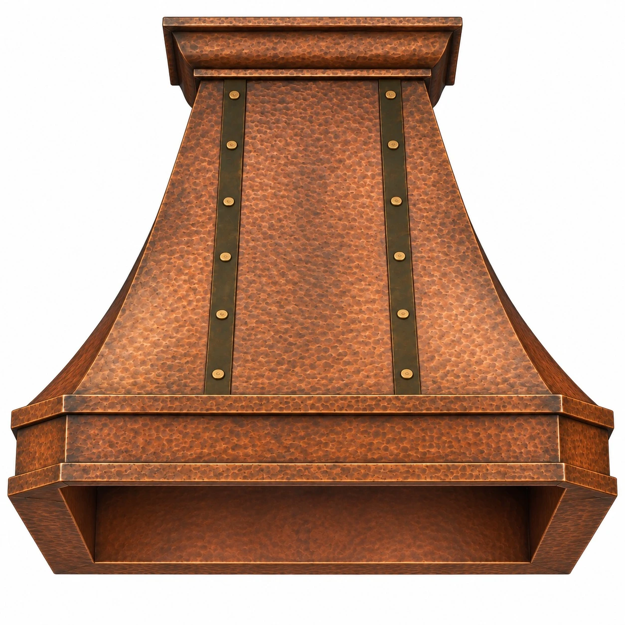 Underside view of 36-inch bell copper range hood showing insert opening preparation