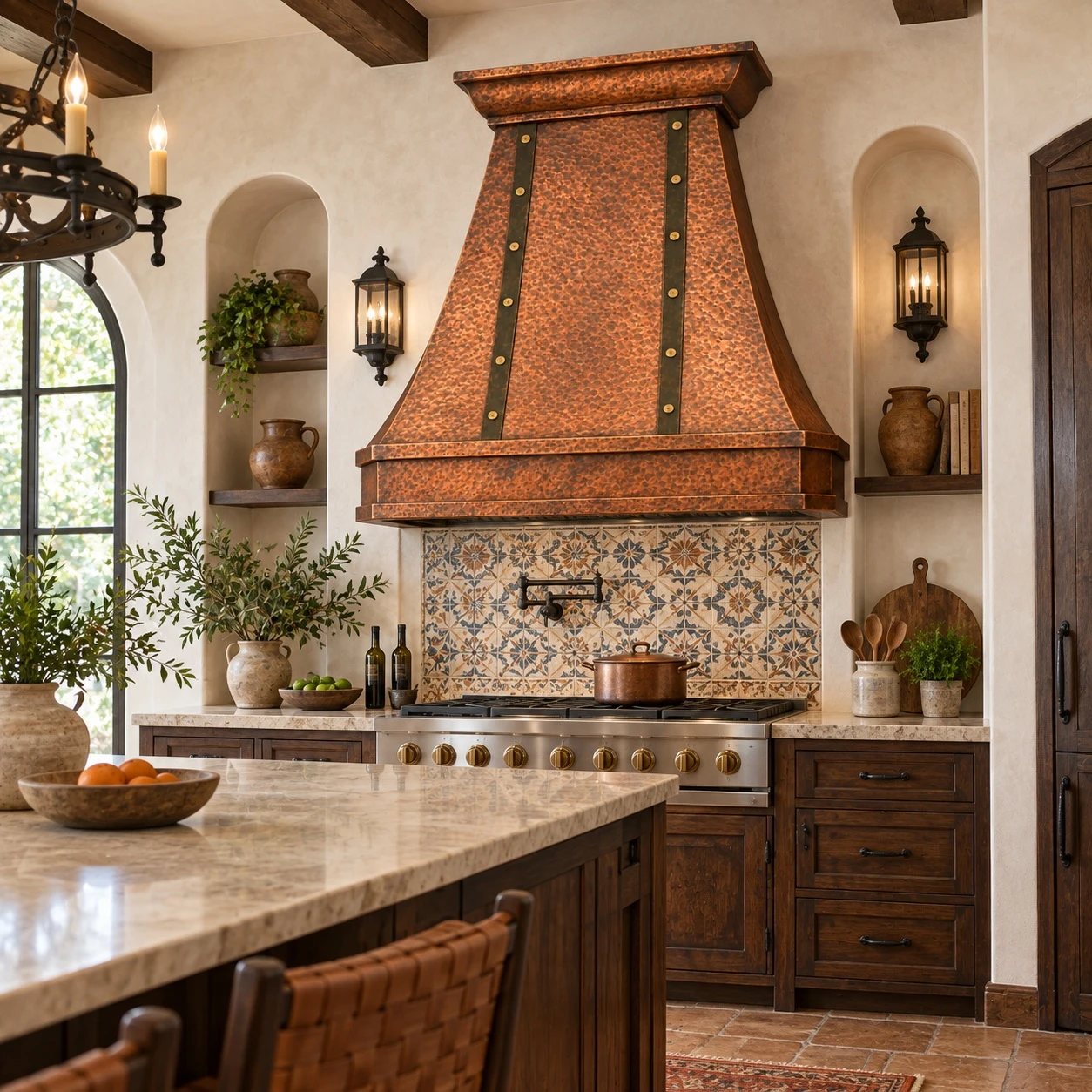 Spanish Colonial kitchen with 36-inch bell copper range hood, tapered front, plaster, dark wood, and tile
