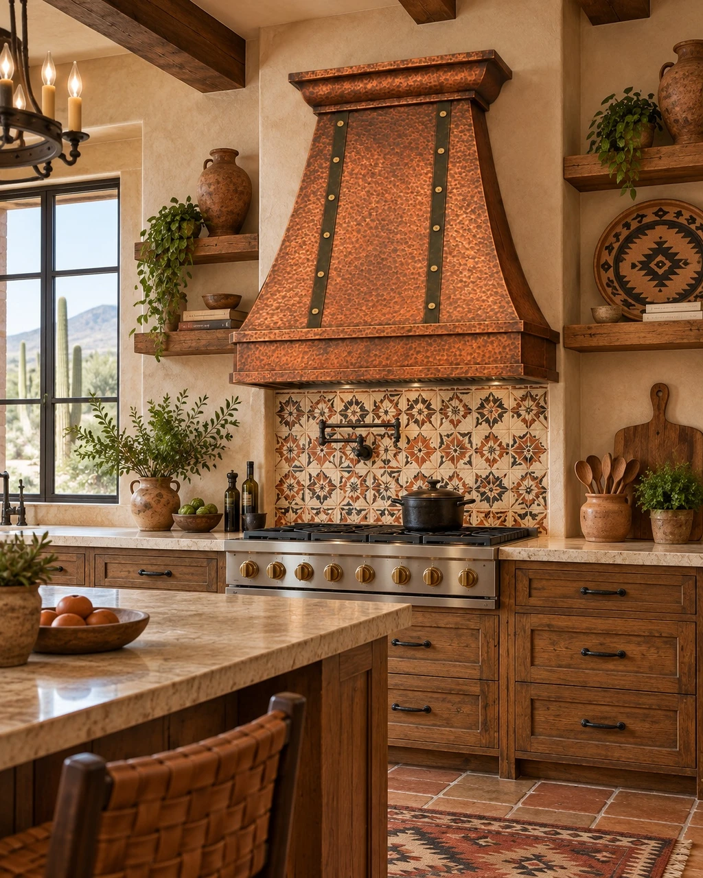 Southwestern kitchen with 36-inch bell copper range hood, tapered front, terracotta, wood, and patterned tile