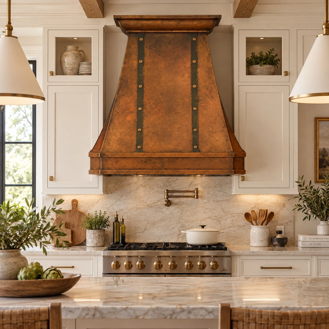 Transitional kitchen with 36-inch bell copper range hood, tapered front, warm-white cabinetry, and quartzite