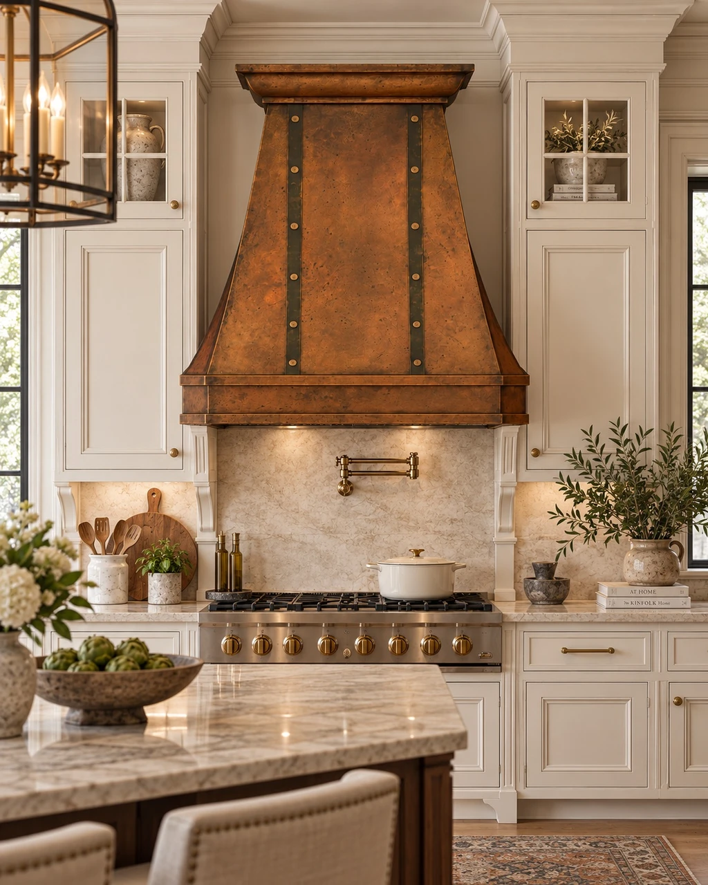 New traditional kitchen with 36-inch bell copper range hood, tapered front, inset cabinetry, and stone counters