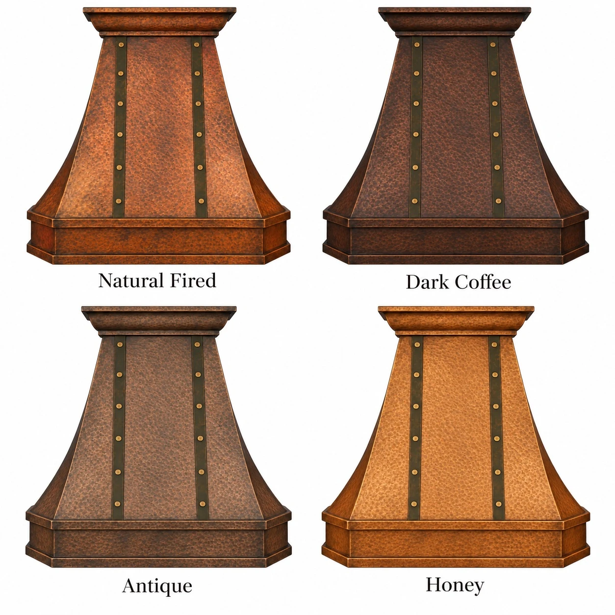 Four 36-inch bell hammered copper range hoods showing shown side-by-side in natural fired, coffee, antique and honey patinas