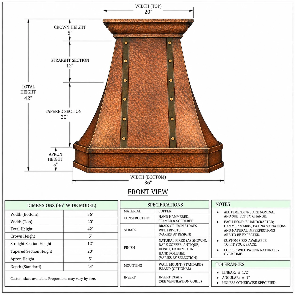 Technical drawing of 36-inch bell copper range hood with tapered front and proportions
