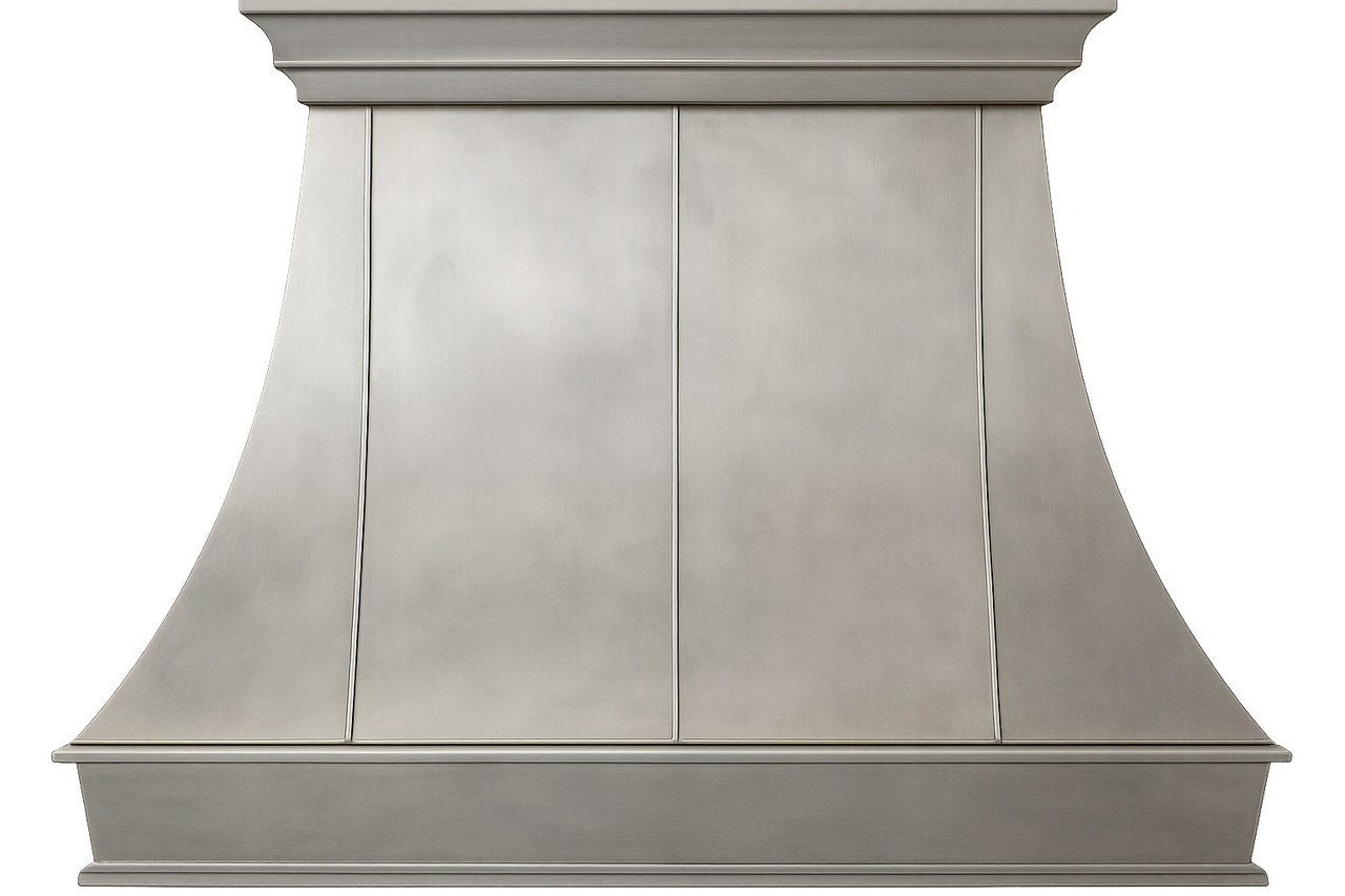 Architectural zinc range hood with flared canopy and crown detail, smooth zinc surface with tapered silhouette and refined upper molding