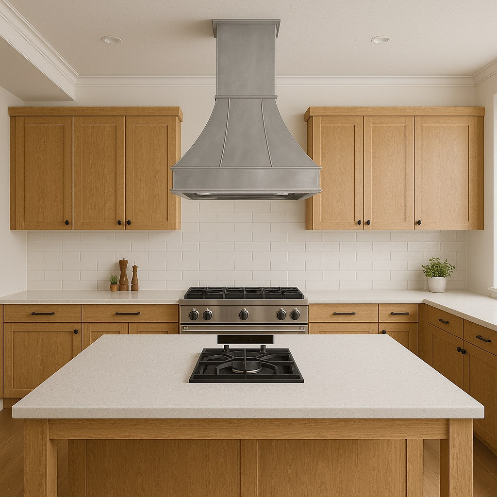 Architectural zinc range hood with flared canopy and crown detail in kitchen island setup, smooth zinc surface above central cooktop with refined silhouette