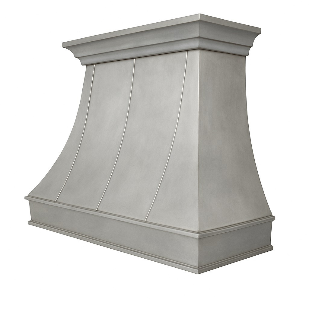 Architectural zinc range hood with flared canopy and crown detail front view