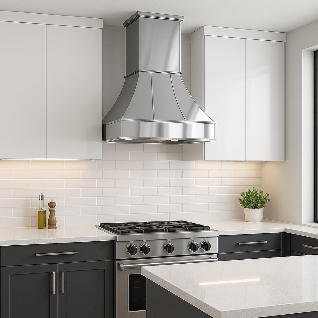 Architectural zinc range hood with flared canopy and crown detail with hand polished finish
