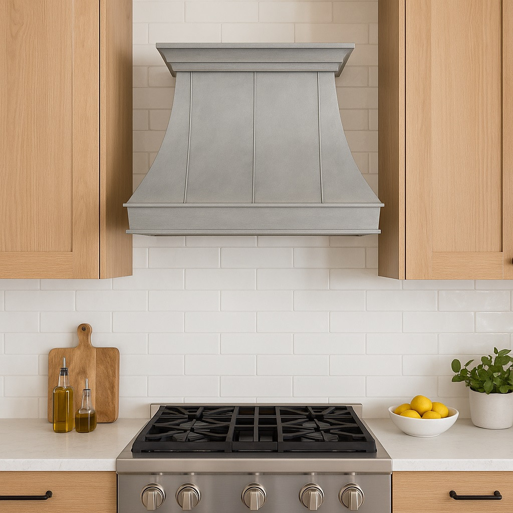 Architectural zinc range hood with flared canopy and crown detail in wall mount version, smooth zinc surface with tapered silhouette above cooking range
