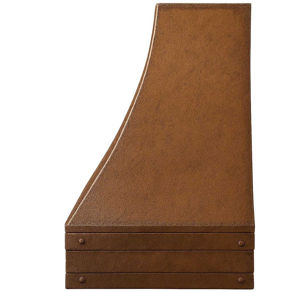 Old world copper vent hood side view, smooth aged copper finish with riveted apron bands, tapered canopy profile and rustic patina details on white background