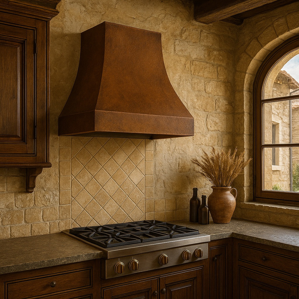Old European kitchen with copper vent hood featuring aged patina and rivet trim