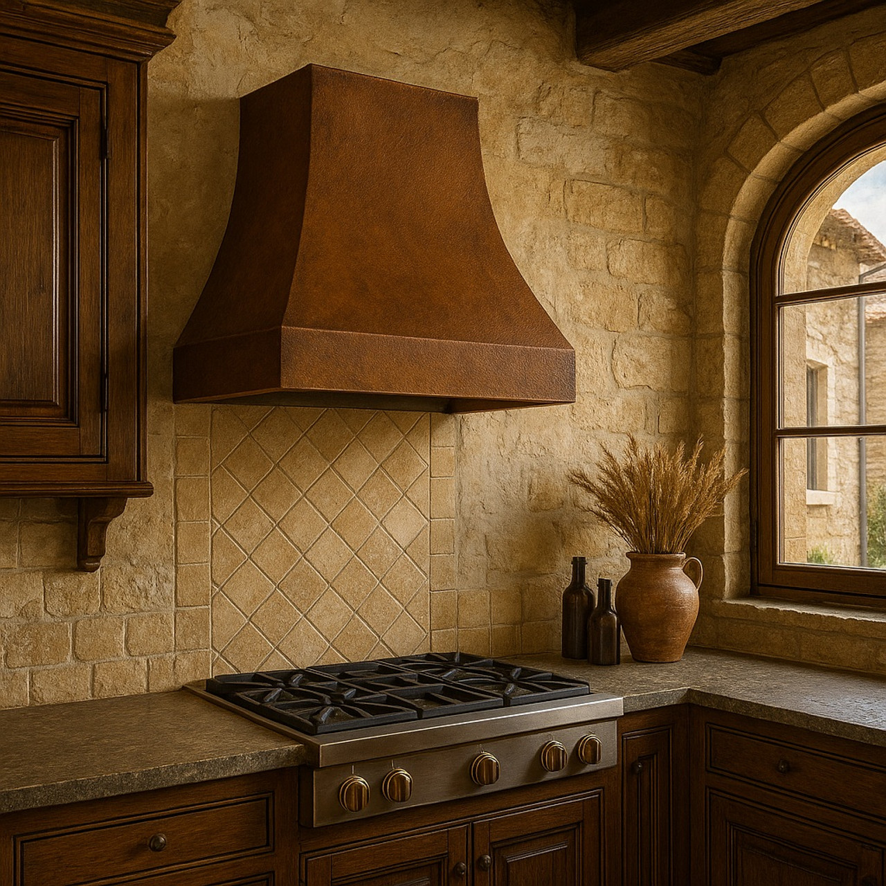 Traditional european style kitchen with an old-world copper vent hood