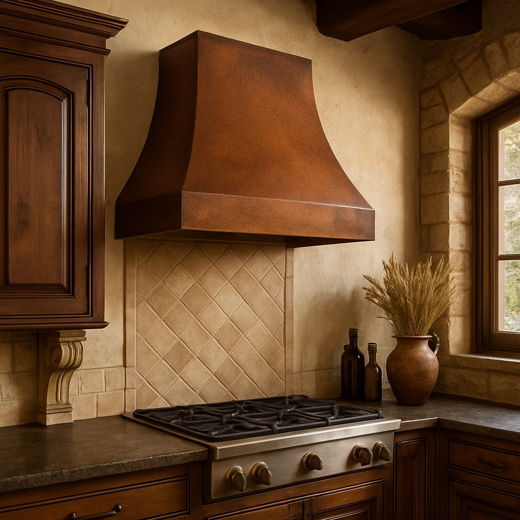 Classic country kitchen featuring an old-world copper vent hood above a farmhouse sink