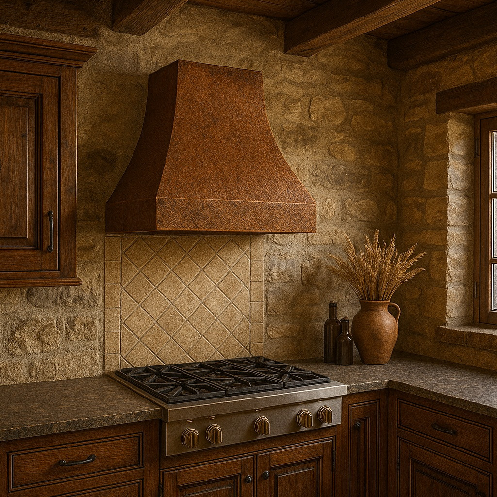 Old world copper vent hood in rustic kitchen, smooth aged copper canopy above stone backsplash, exposed timber beams and natural wood cabinetry