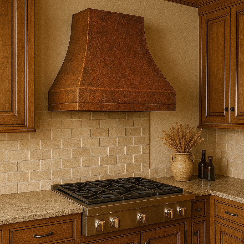 Old world copper vent hood in traditional kitchen, smooth aged copper canopy above classic cabinetry, stone backsplash and timeless architectural details