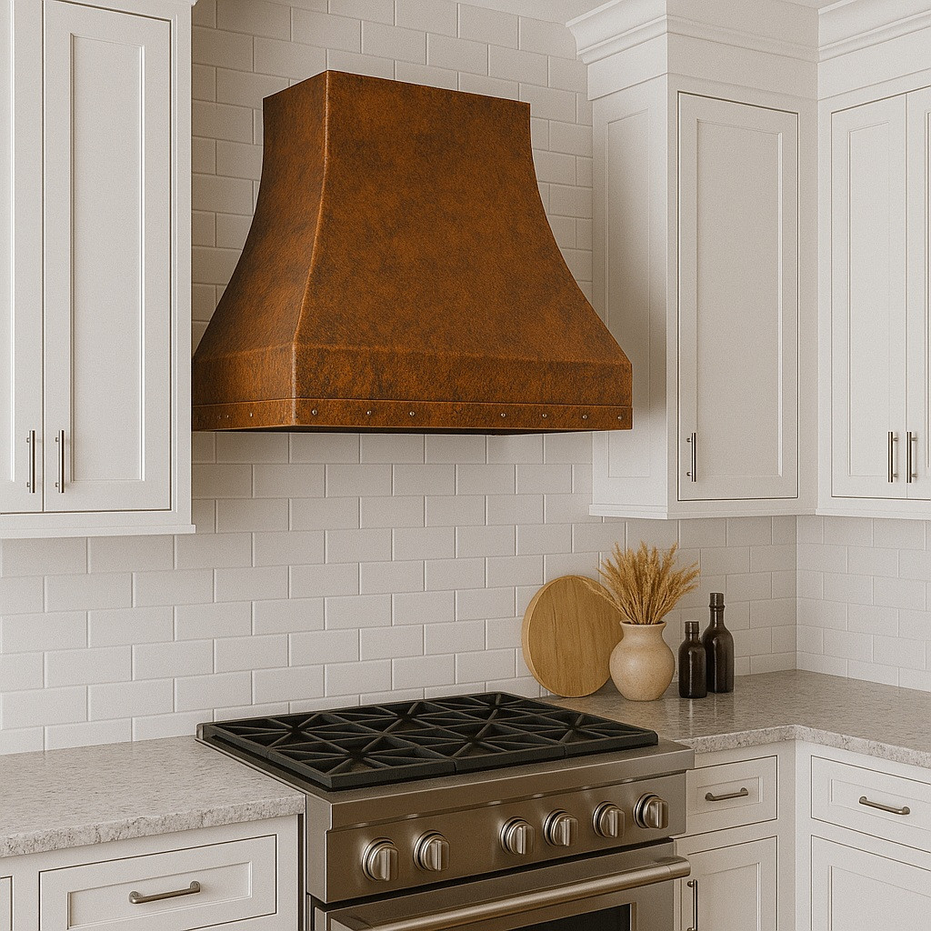 Old world copper vent hood in transitional kitchen, smooth aged copper canopy above balanced cabinetry and refined stone surfaces