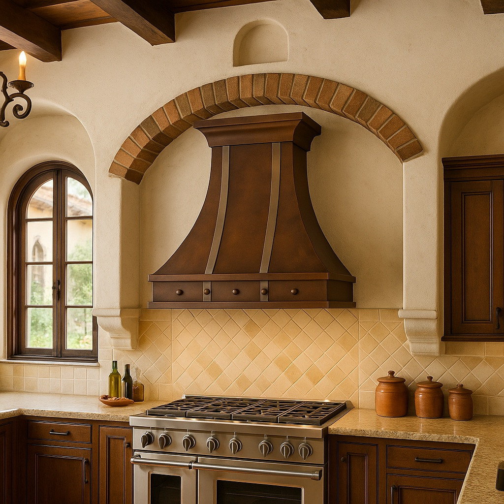 Decorative copper kitchen vent hood with silver vertical straps in Spanish Mission kitchen, hammered copper canopy above rustic beams and handcrafted tile accents