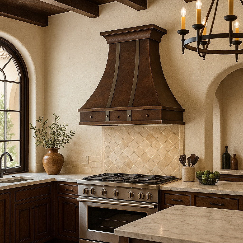 Decorative copper kitchen vent hood with silver vertical straps in Spanish Revival inspired kitchen, hammered copper canopy above arched openings and warm stone accents
