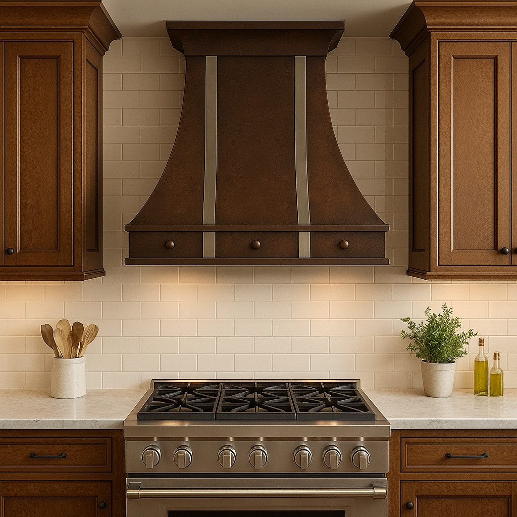 Decorative copper kitchen vent hood with silver vertical straps in transitional kitchen, hammered copper canopy above balanced cabinetry and refined stone surfaces