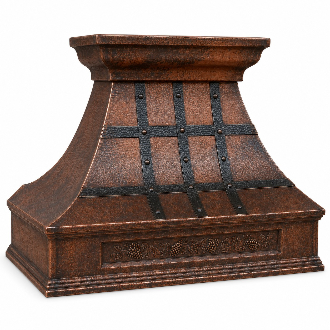 36 inch copper range hood with decorative apron on sale angled view, hammered copper canopy with ornate apron detail and warm rustic patina