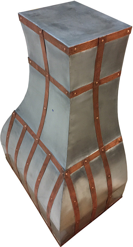 zinc vent hood on sa36 inch zinc vent hood on sale detail view, polished natural zinc surface with hammered copper straps, rivets and handcrafted metal texture