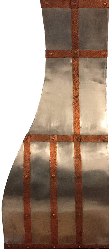 36 inch zinc vent hood on sale side view, polished natural zinc canopy with hammered copper straps and tapered profile silhouette