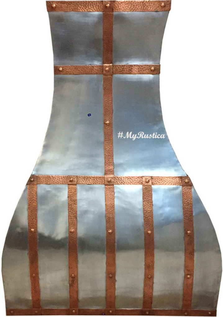 36 inch zinc vent hood on sale Arizona style, polished natural zinc canopy with hammered copper straps and wall mount design