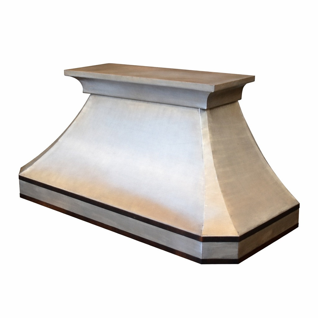 Side view brushed zinc range hood with crown shelf and dark trim