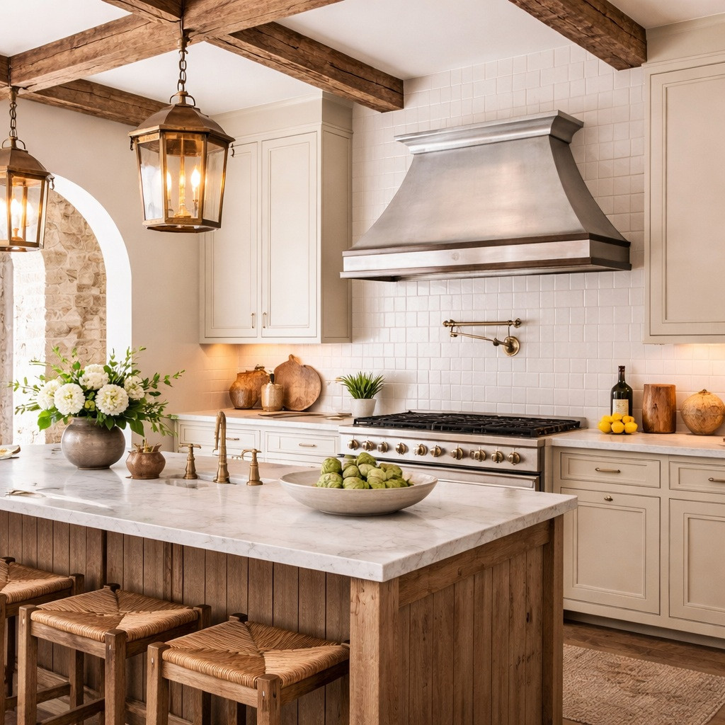 Brushed zinc range hood with crown shelf and dark trim in a European farmhouse style kitchen decorated with stone and wood