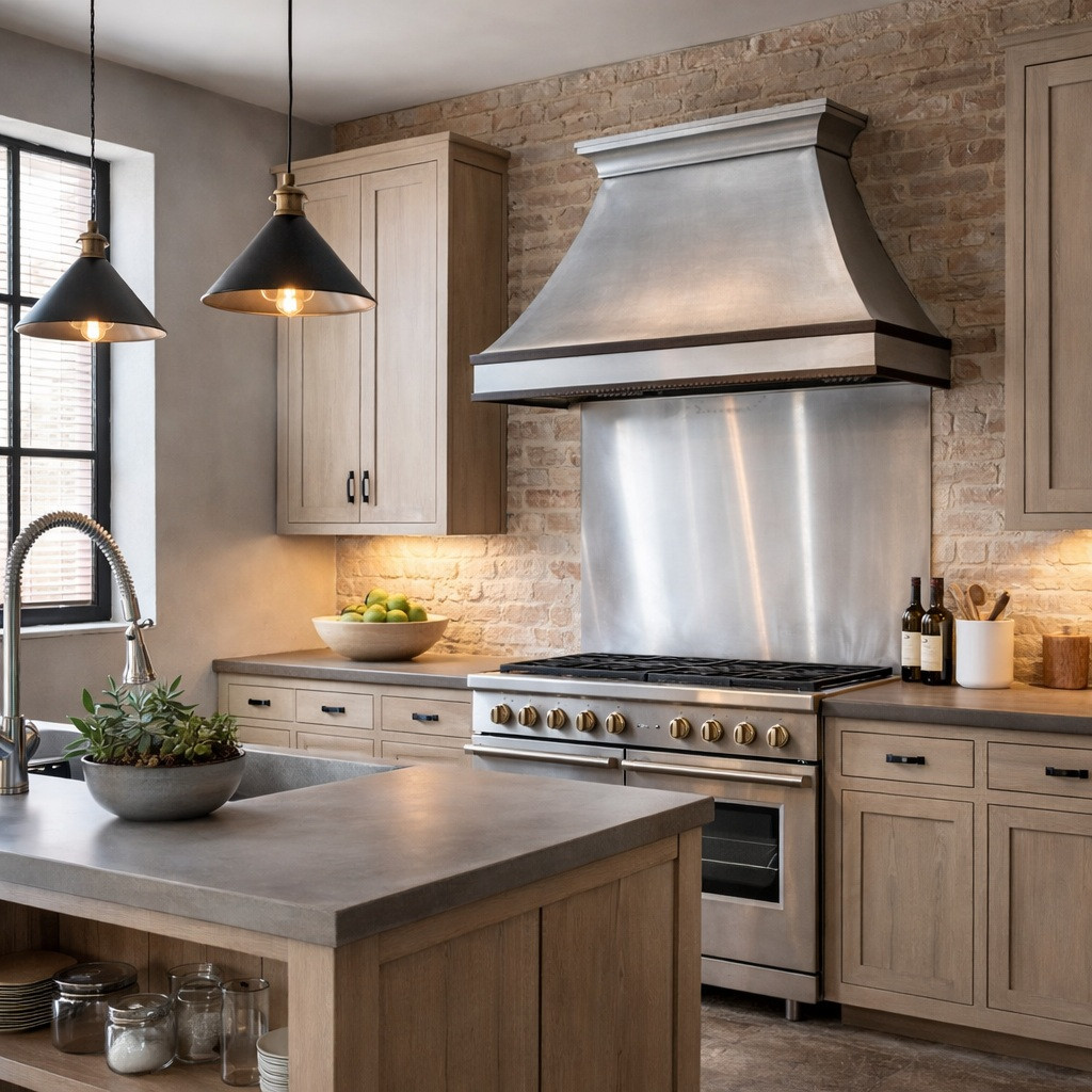 Brushed zinc range hood with crown shelf and dark trim in a light industrial kitchen with a metal backsplash