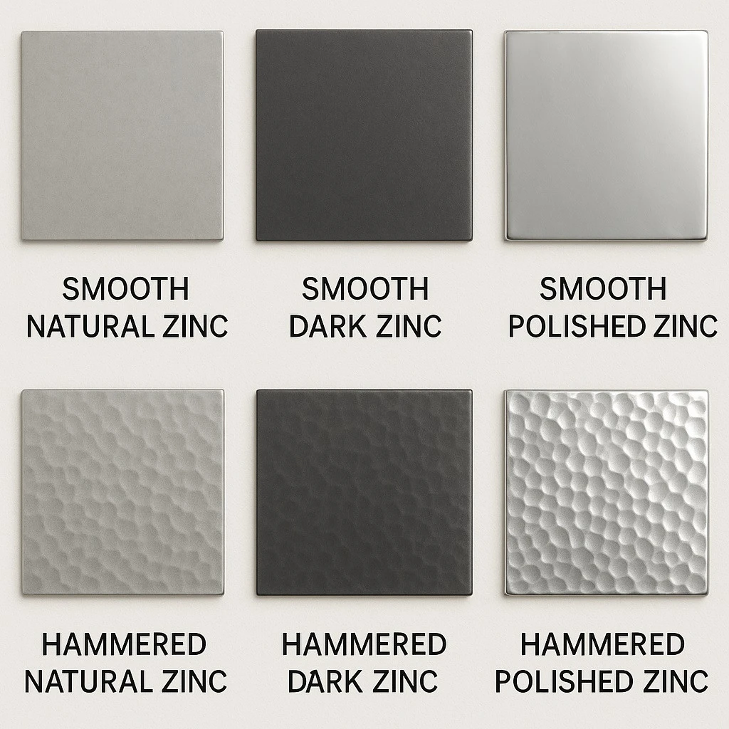 Finish color and texture options for a brushed zinc range hood with crown shelf and dark trim