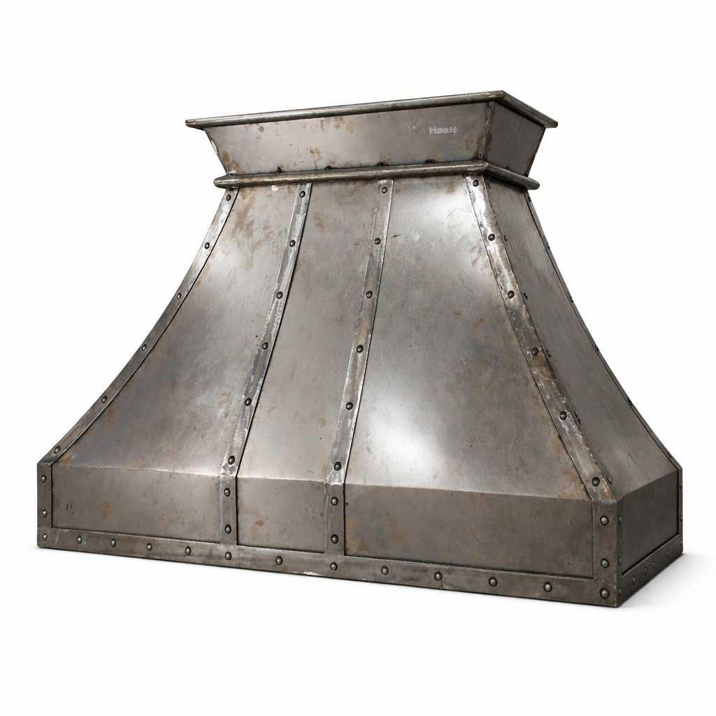 Riveted raw iron range hood with industrial patina side view