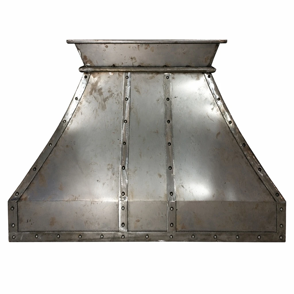 Riveted raw iron range hood with industrial patina, bold architectural form and reinforced metal detailing
