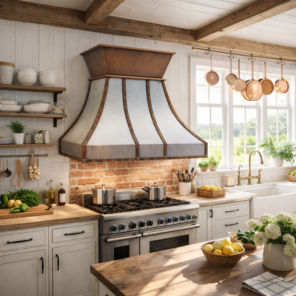 42-inch iron range hood with riveted straps and flared collar in a modern rustic kitchen