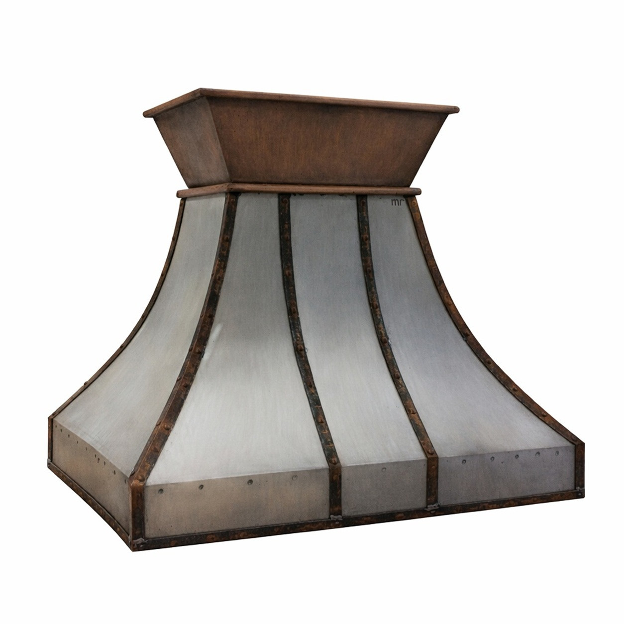 Iron range hood with riveted straps and flared collar side view on a white background