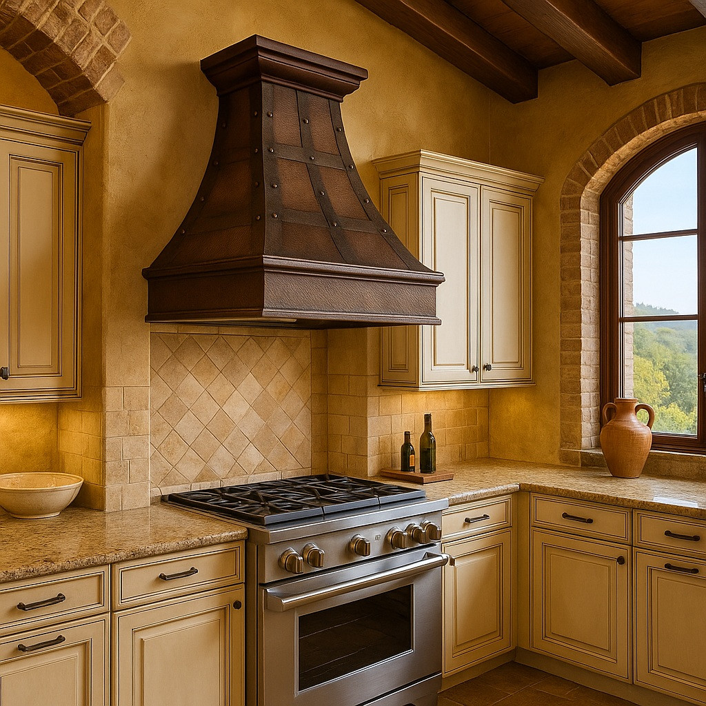 Decorative copper kitchen range hood in Italian style kitchen, hammered copper canopy with riveted straps and carved fruit motif apron above stone backsplash