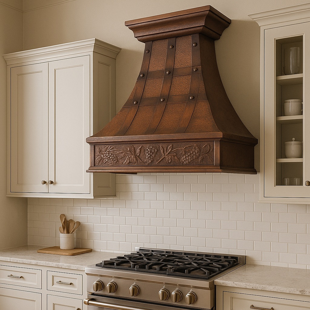 Decorative copper kitchen range hood in transitional kitchen, hammered copper canopy with riveted straps and carved grapevine apron above balanced cabinetry
