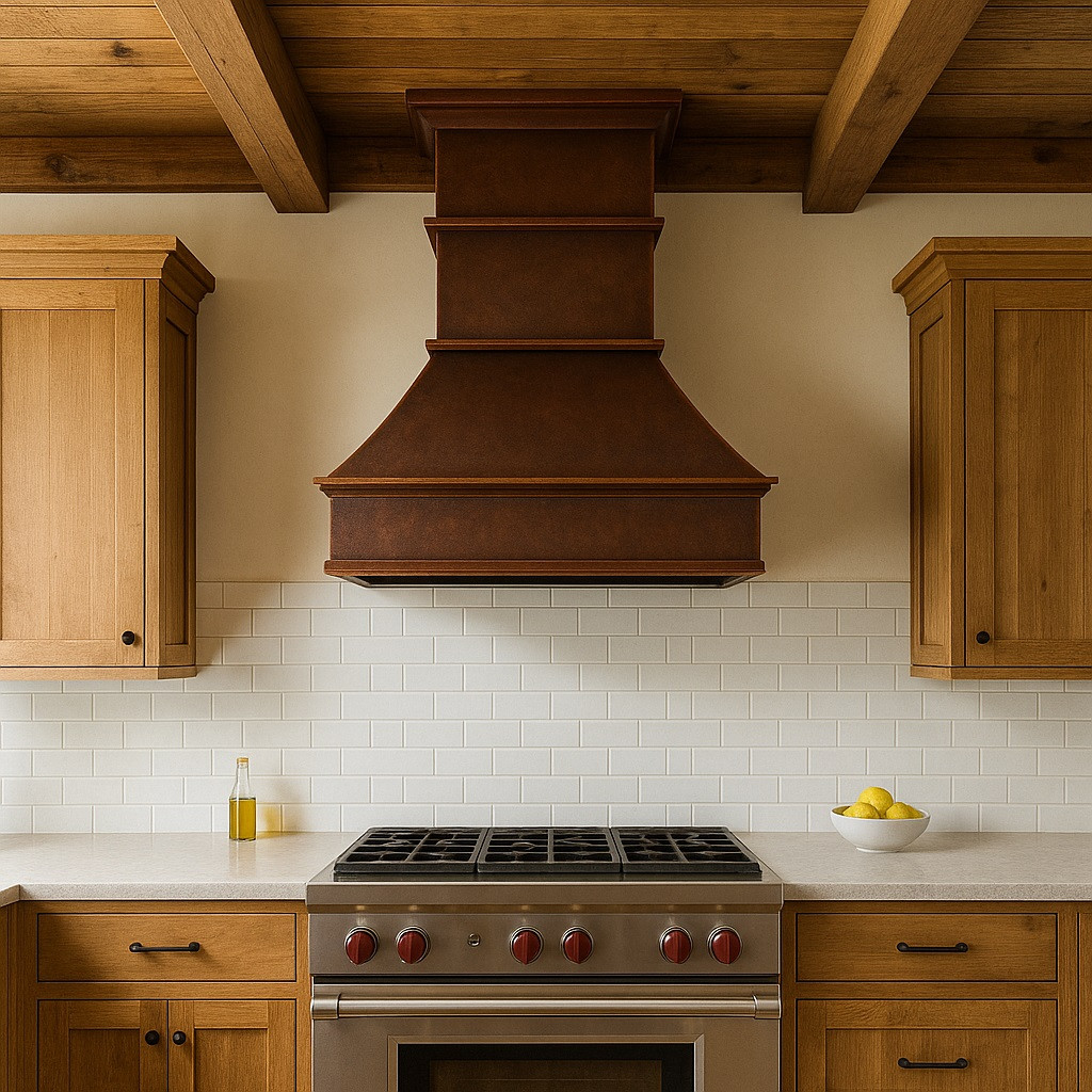 Rustic style kitchen with a handmade copper range hood cover with a classic tapered silhouette