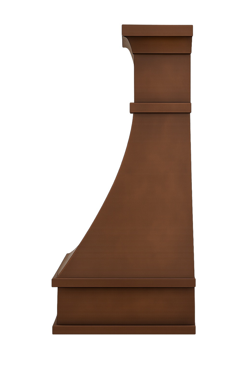 Handmade copper range hood cover with a classic tapered silhouette, side view