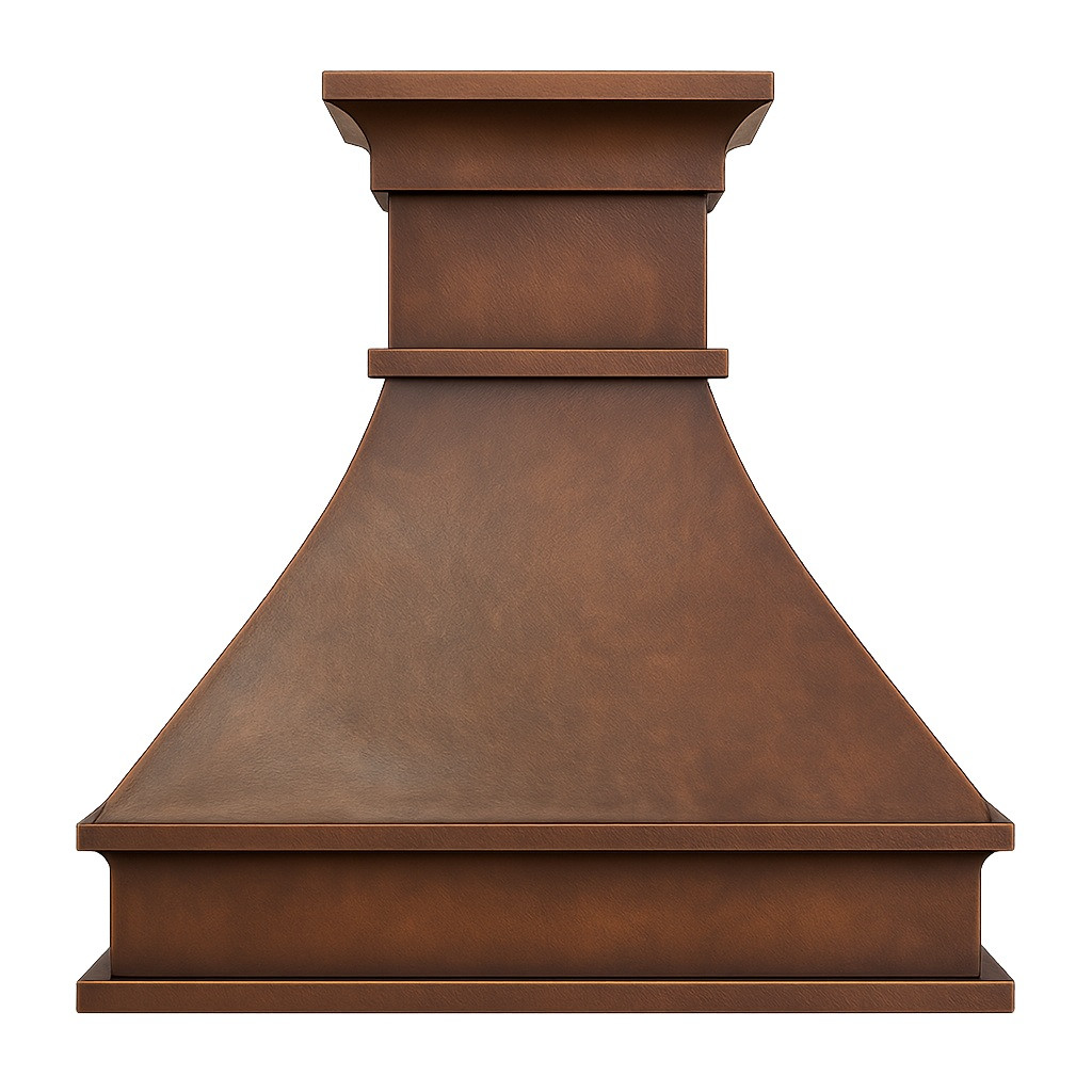 Handmade copper range hood cover with a classic tapered silhouette