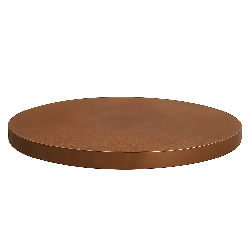 Handcrafted round copper dining table top side view, visible edge thickness with hammered surface and light patina