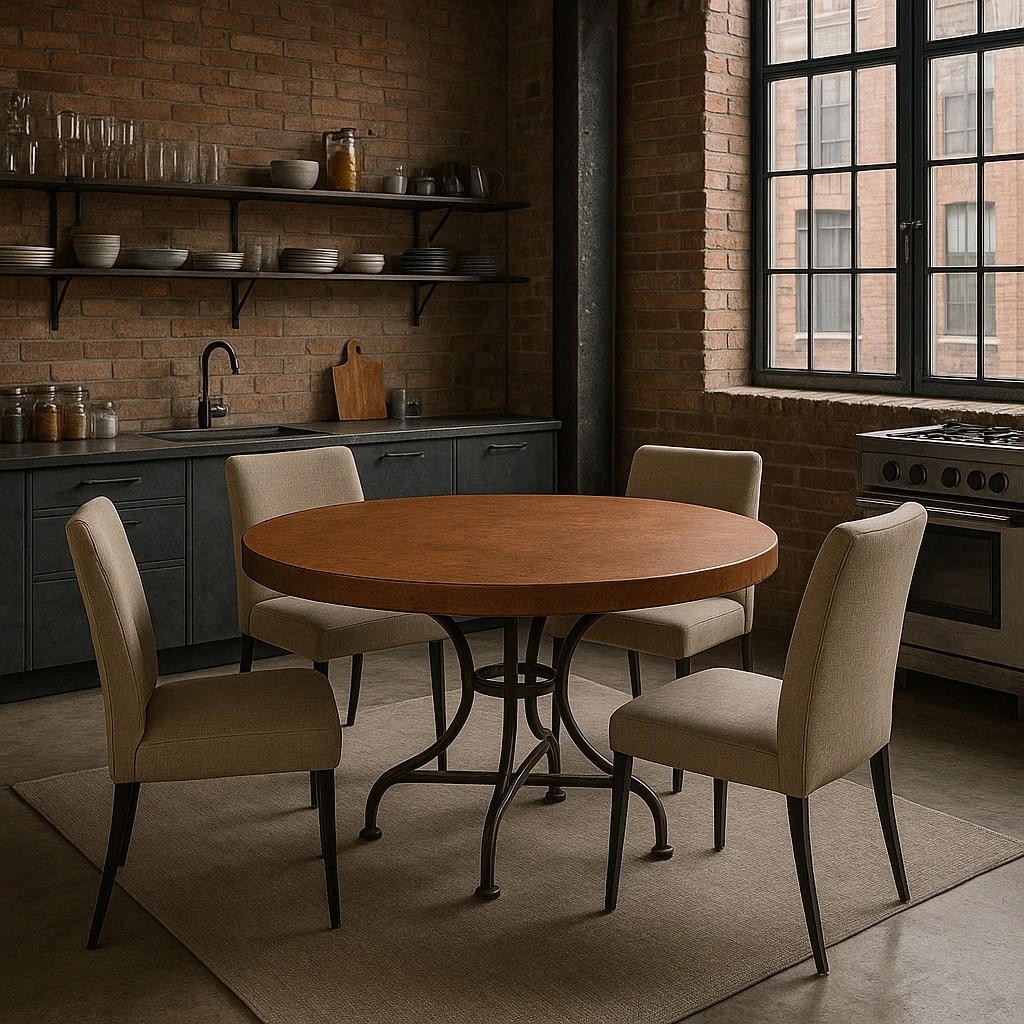 Handcrafted round copper table top in brick loft, hammered surface with light patina on table base over concrete floor