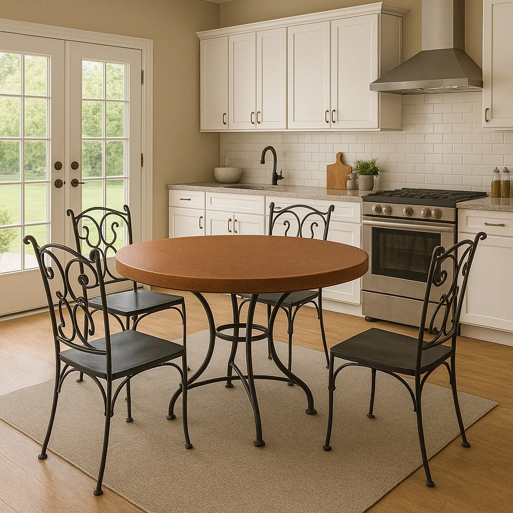 Handcrafted round copper table top in suburban kitchen with French doors, light patina surface paired with decorative iron chairs