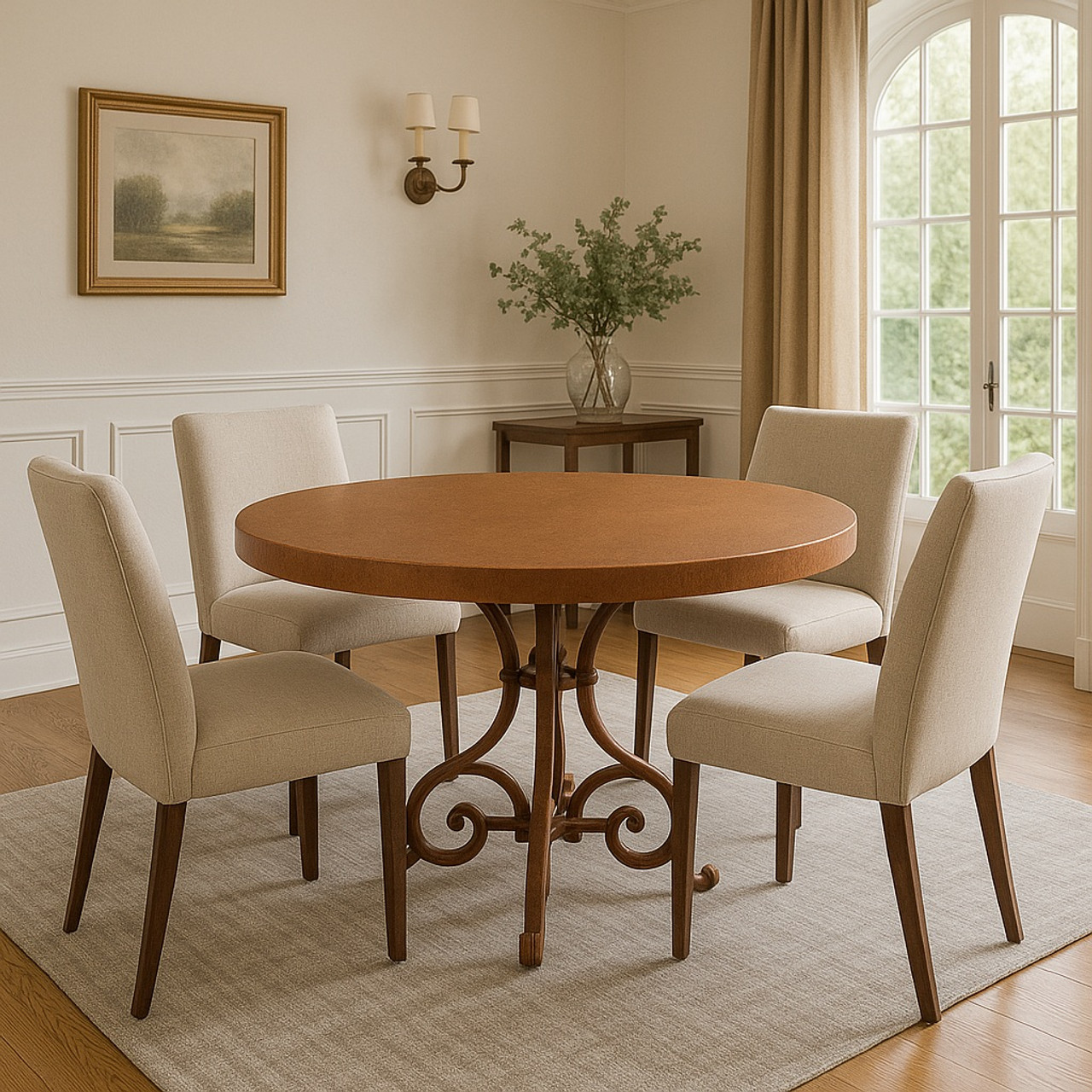 Transitional space with the tabletop that sits on a rust-colored iron base
