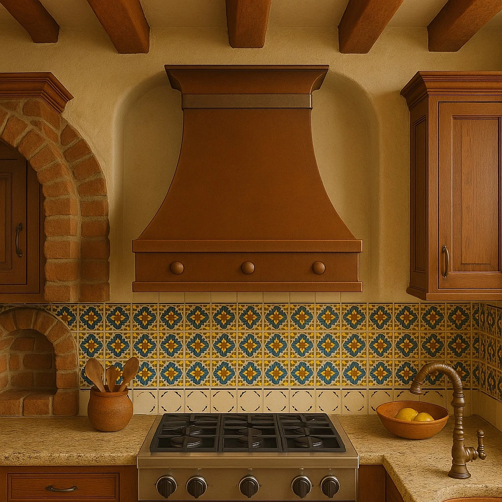 Mexican Hacienda kitchen with slim copper range hood above colorful mosaic backsplash